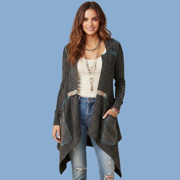 Free People Grey Patchwork Knit Duster Cardigan Sweater • Boho Coastal Cowgirl M - Picture 3 of 16